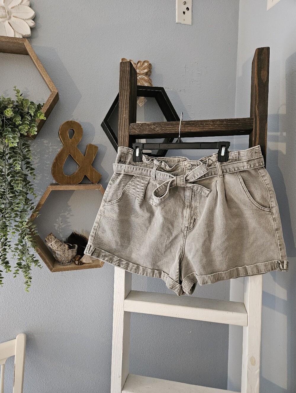 American Eagle Outfitters Olive-Tone Paperbag Waist Denim Shorts Size 18